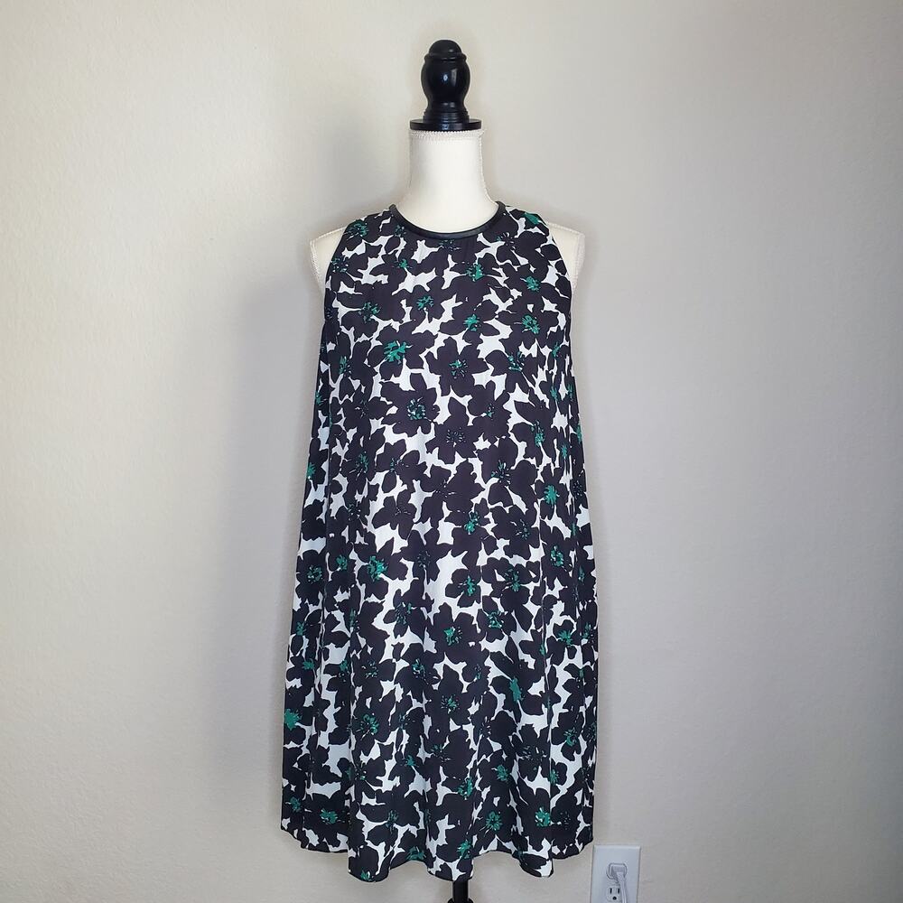 Mango Black Floral Shift Dress Vegan Leather Trim 4
